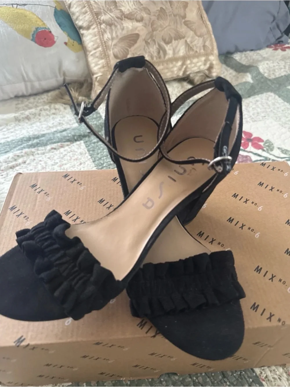 Mix No. 6 Black Ruffle Ankle-Strap Block Heels